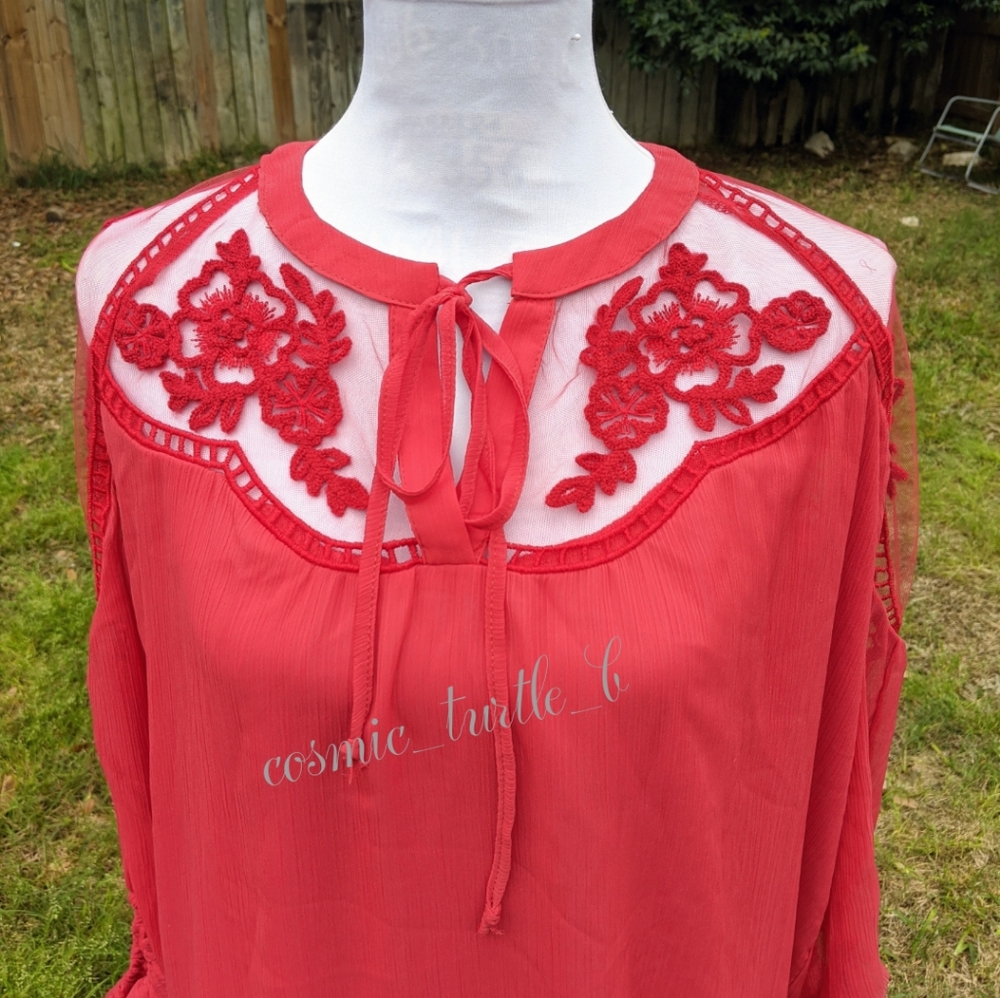 1 left New Chiffon Floral Lace Yoke Peasant Blouse - Picture 2 of 11